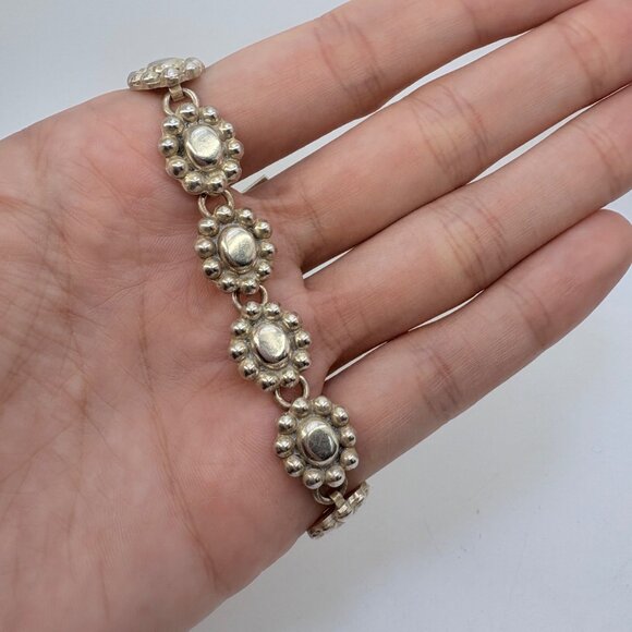 Sterling Silver 925 Beaded Puffed Flower Design Chain Bracelet Size 7" Length - Picture 4 of 10